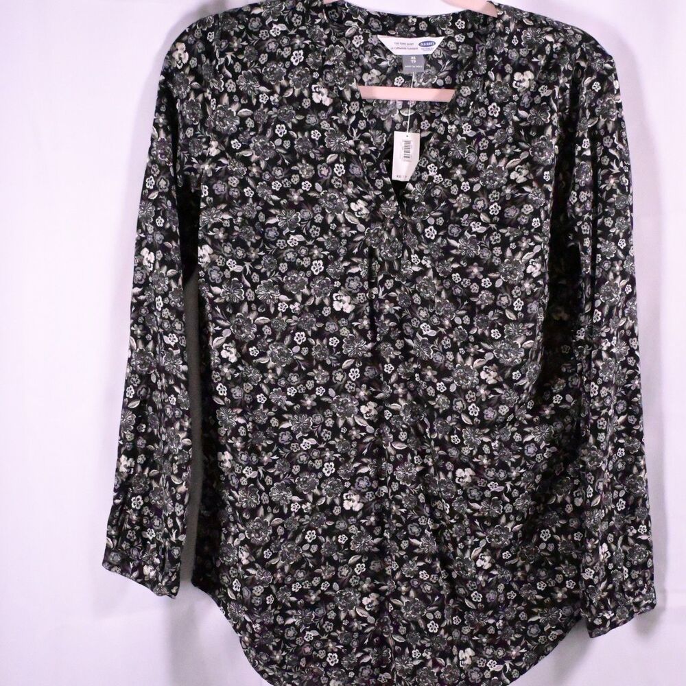 NWT Old Navy Black Floral Graphic Long Sleeve Tunic Shirt Women's XS